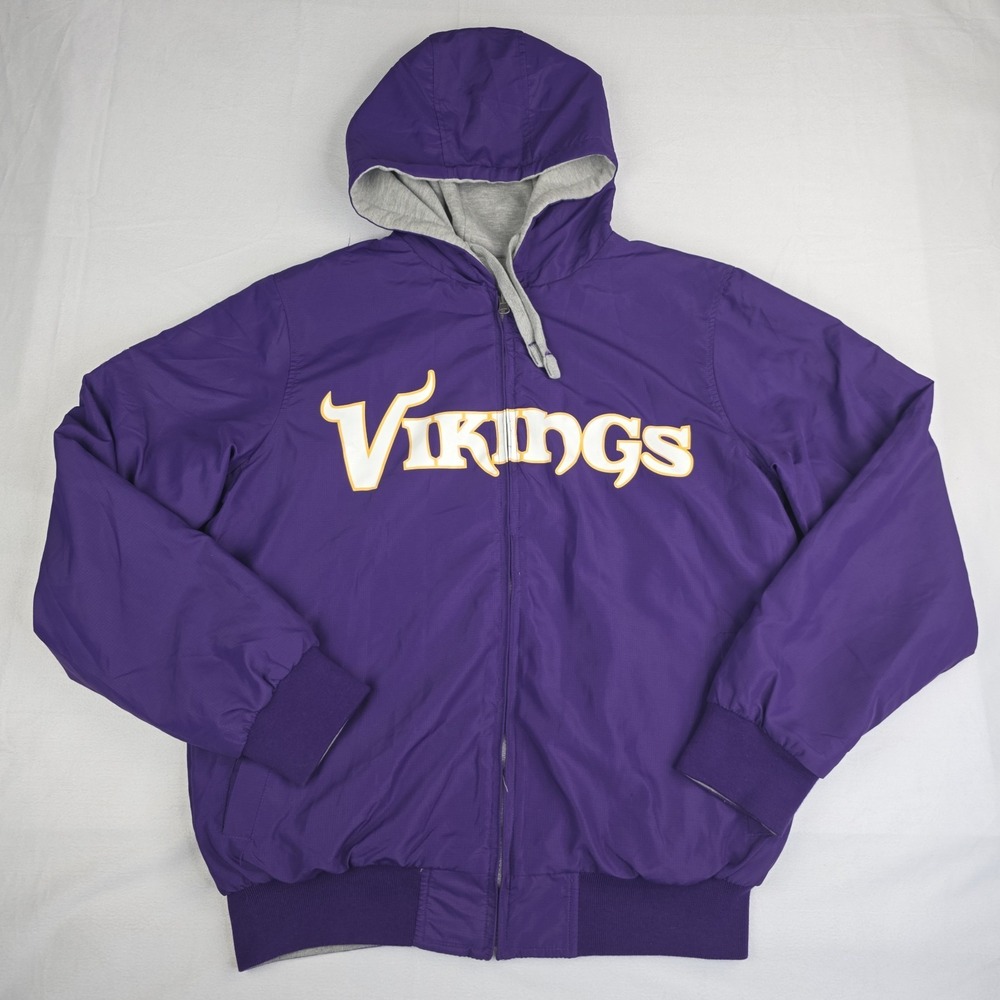 Minnesota Vikings Jacket Mens Medium Purple Gray NFL Football Reversible Hooded